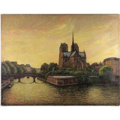 Oil On Canvas Representing Notre-dame De Paris Between The Quays Of The Seine And The Vegetation