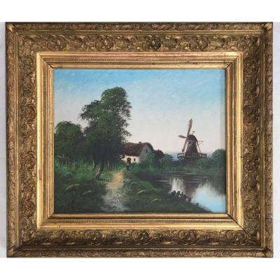 Paul ASTIER (XIX-XX) - Paysage lacustre au moulin à vent