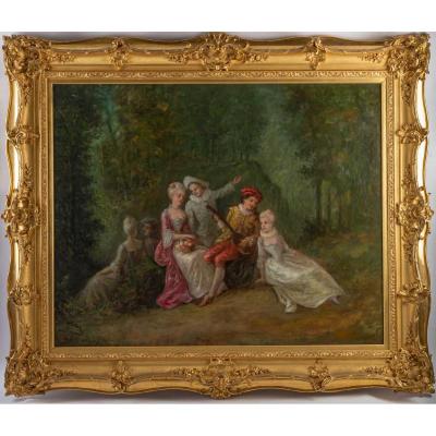 Huile sur toile scène d'après Watteau fin XIXème siècle 