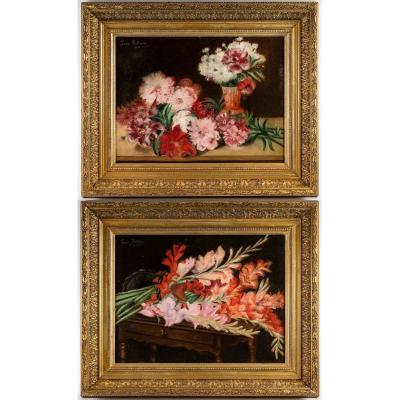 Pair Of Oil On Canvas Flowers XIXth Century 