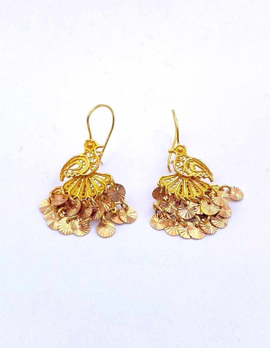 Yellow And Rose Gold Bird Dangle Earrings