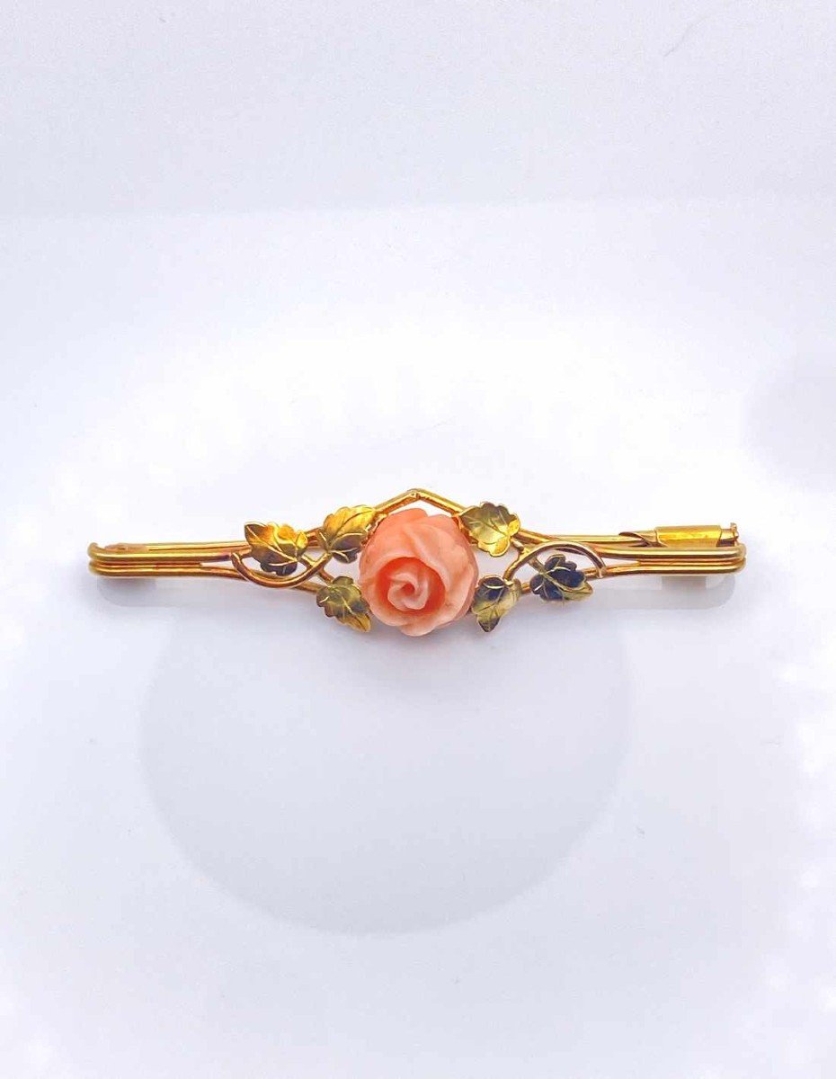 Broche Art Nouveau Or Jaune & Corail