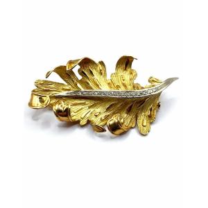 Vintage Gold And Diamond Leaf Brooch