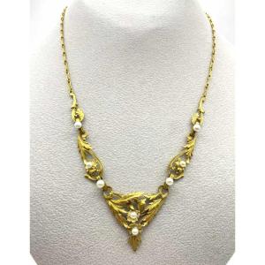 Art Nouveau Yellow Gold And Pearl Necklace