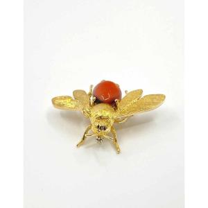 Broche Vintage Abeille Or Jaune & Corail