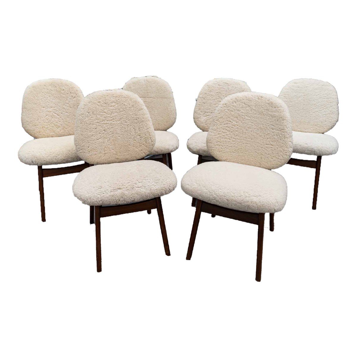 Set Of 6 Danish Teak Chairs Covered With Bouclé Sheepskin Fabric.