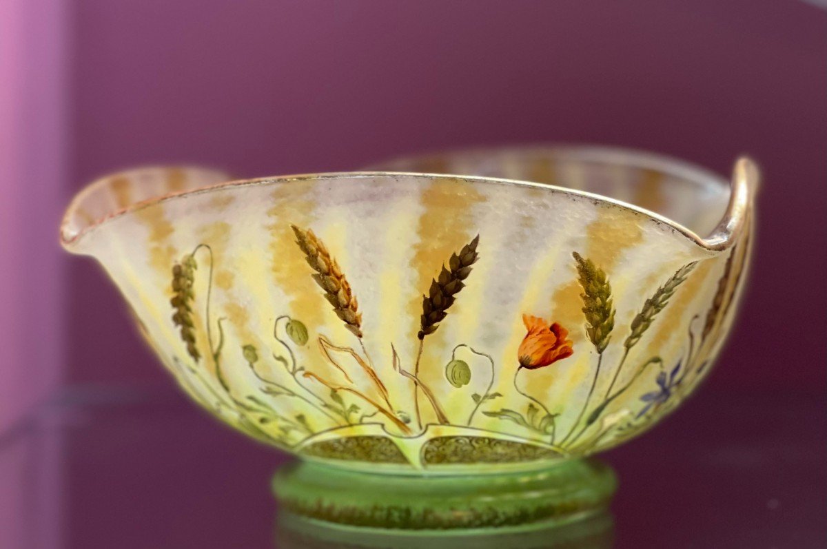 Daum Enamel Bowl Wheat And Poppies Circa 1910-photo-2