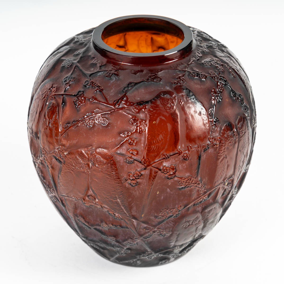 René Lalique - Vase" Perruches " Teinté Ambre-photo-2