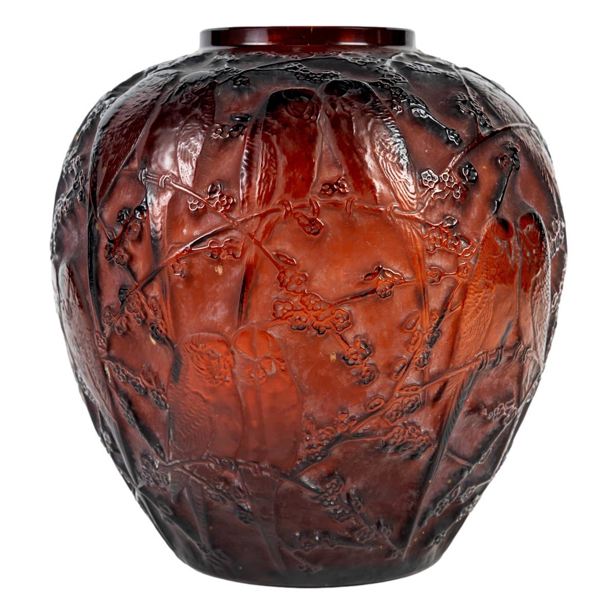 René Lalique - Vase" Perruches " Teinté Ambre-photo-1