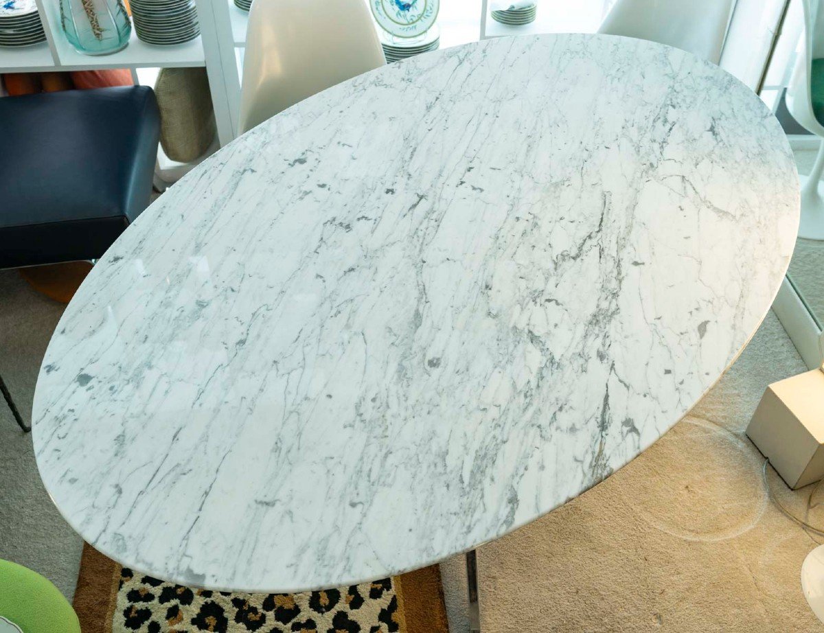 Florence Knoll, Arabescato Oval Table - Marble And Chromed Steel-photo-4