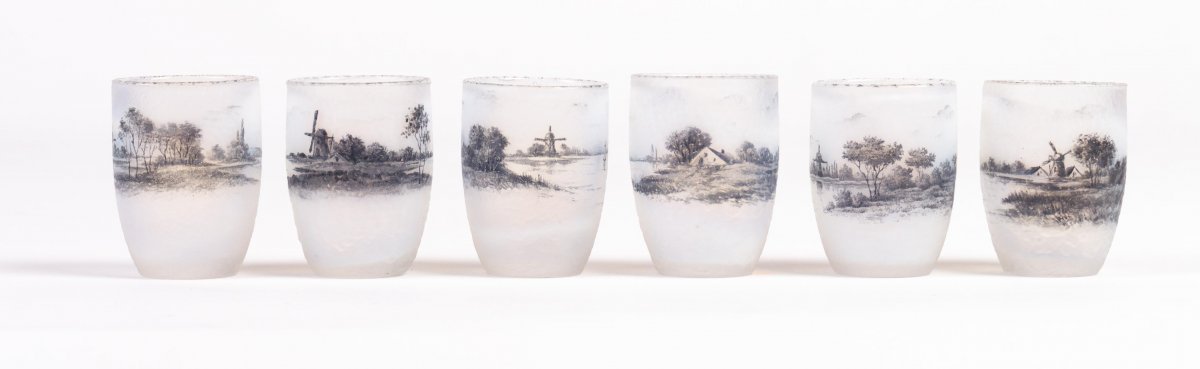 Daum Nancy: Set Of Six Acid Etched Glass Goblet Vase, 'dutch Landscape'