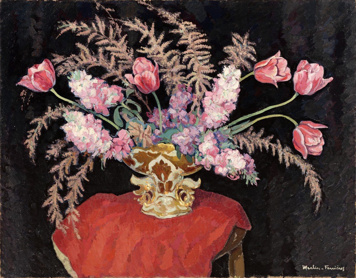 Jacques-martin Ferrières, Tulips And Wallflowers In Gold Vase, Red Carpet In The Background