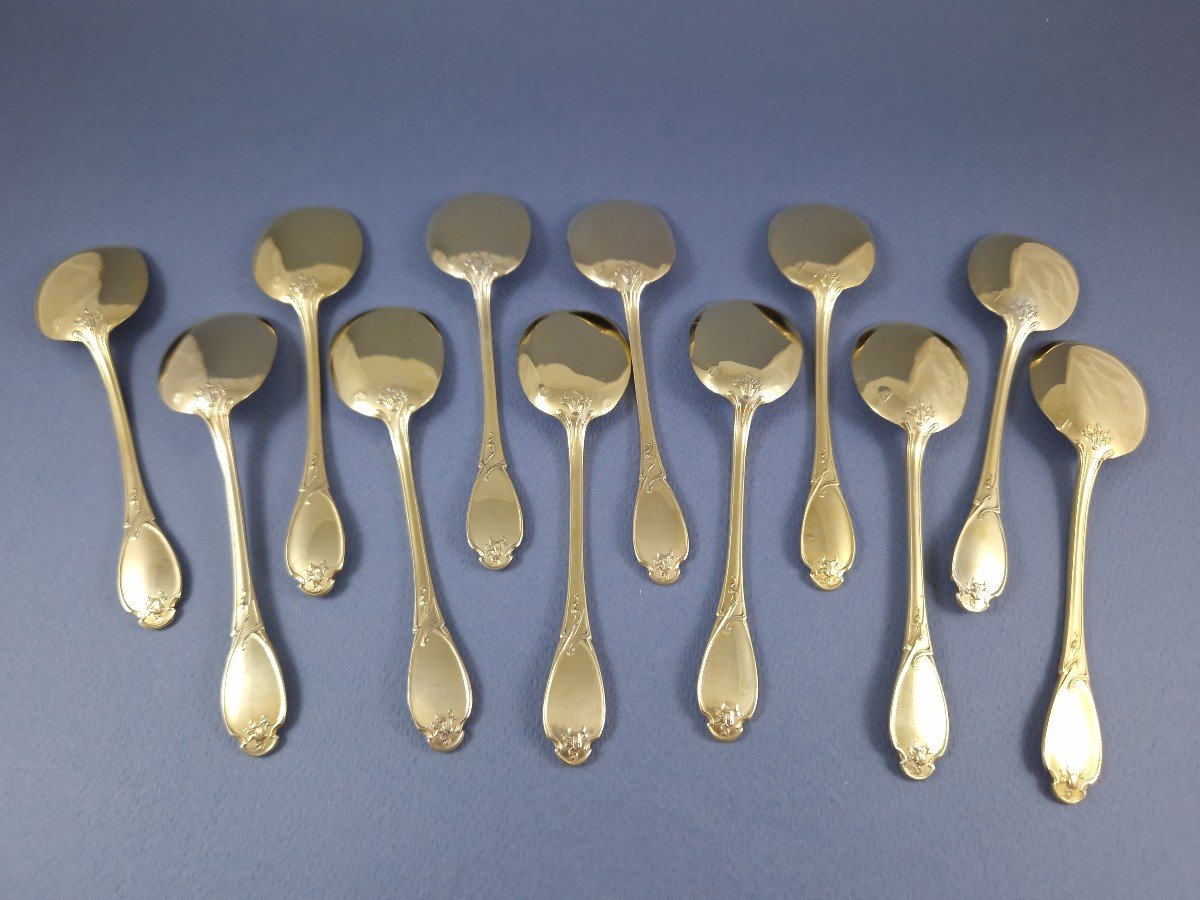 12 Art Nouveau Ice Cream Spoons In Sterling Silver Gilt-photo-4