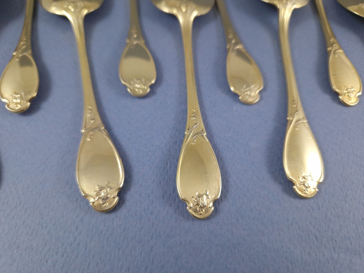 12 Art Nouveau Ice Cream Spoons In Sterling Silver Gilt-photo-5