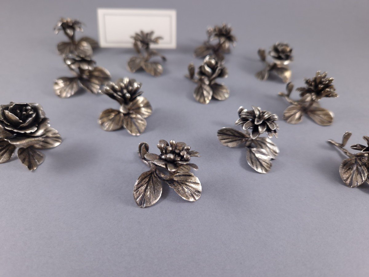 12 Sterling Silver Place Card Holders Flowers-photo-3