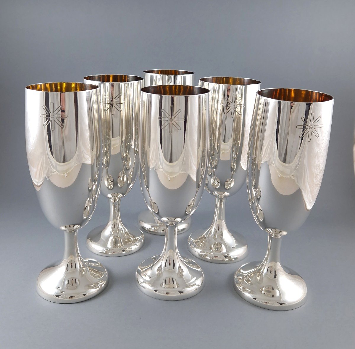 Series Of Six Glasses In Sterling Silver And Gilt