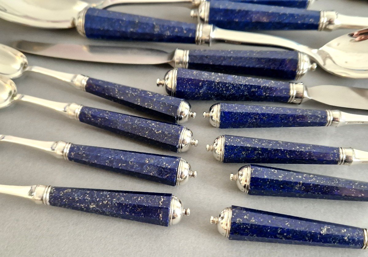 Peter Paris - Cutlery Flatware Set Of 51 Pieces In Sterling Silver And Lapis Lazuli-photo-2