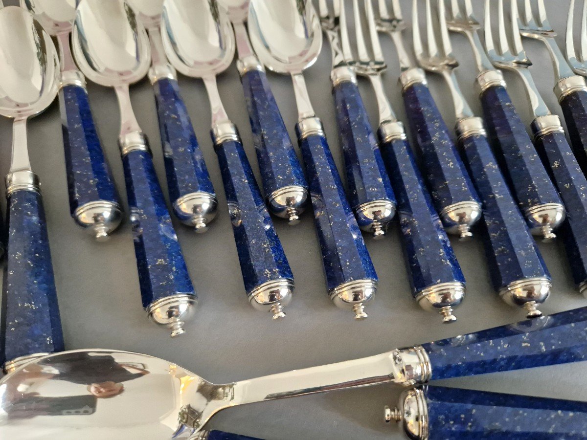 Peter Paris - Cutlery Flatware Set Of 51 Pieces In Sterling Silver And Lapis Lazuli-photo-4