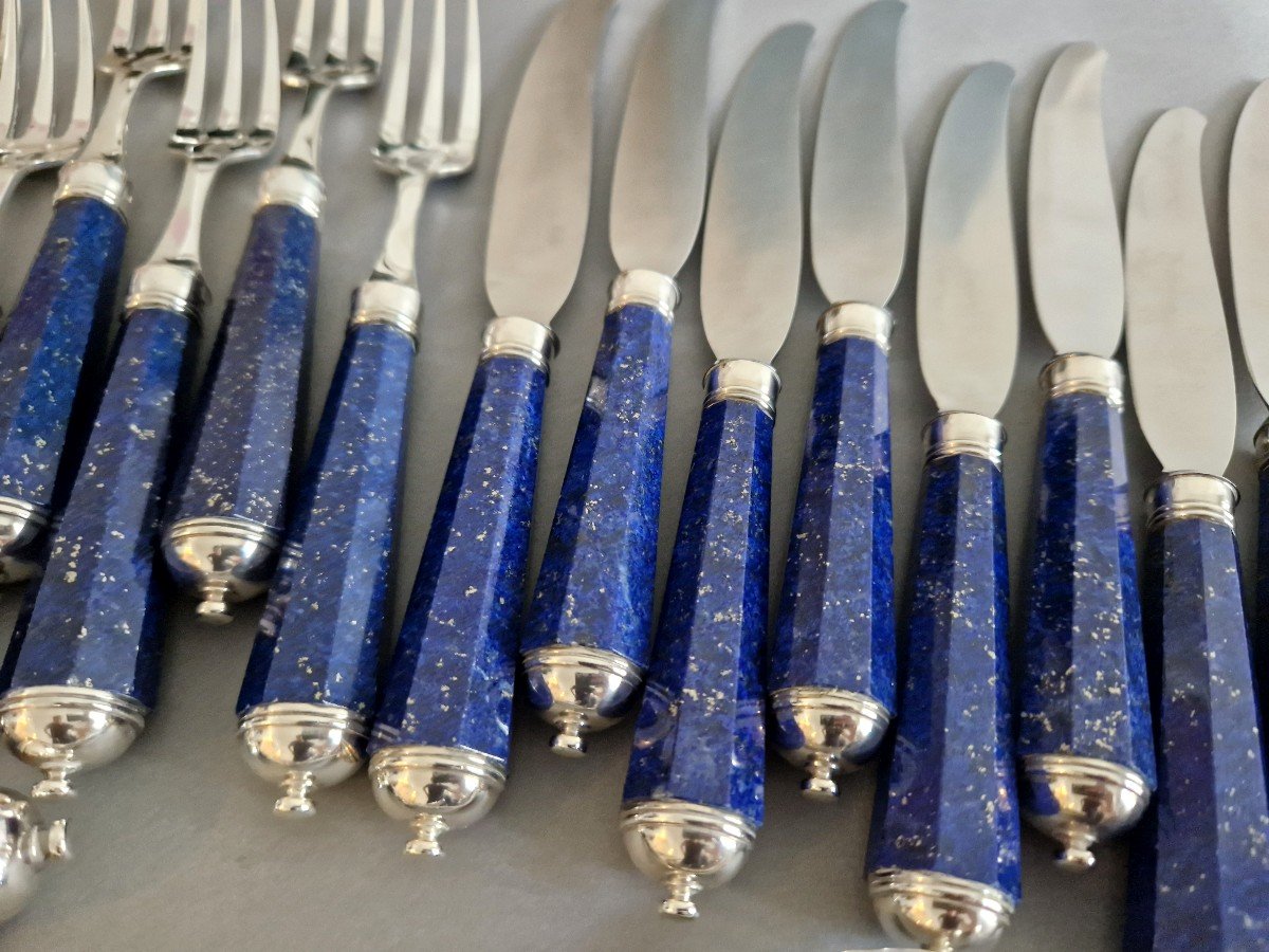 Peter Paris - Cutlery Flatware Set Of 51 Pieces In Sterling Silver And Lapis Lazuli-photo-1