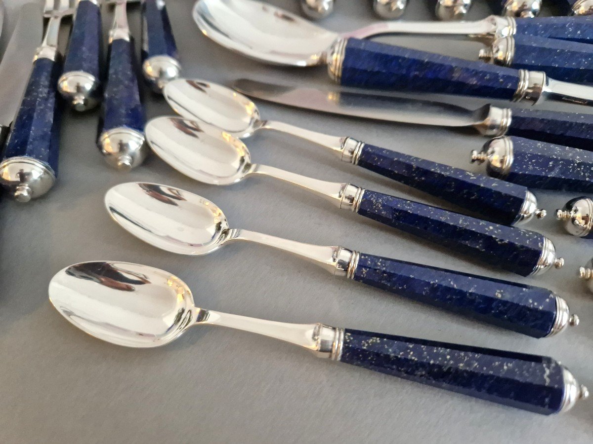 Peter Paris - Cutlery Flatware Set Of 51 Pieces In Sterling Silver And Lapis Lazuli-photo-2