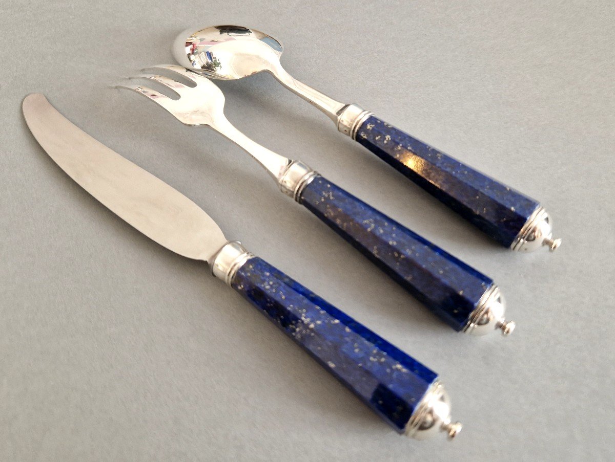 Peter Paris - Cutlery Flatware Set Of 51 Pieces In Sterling Silver And Lapis Lazuli-photo-4