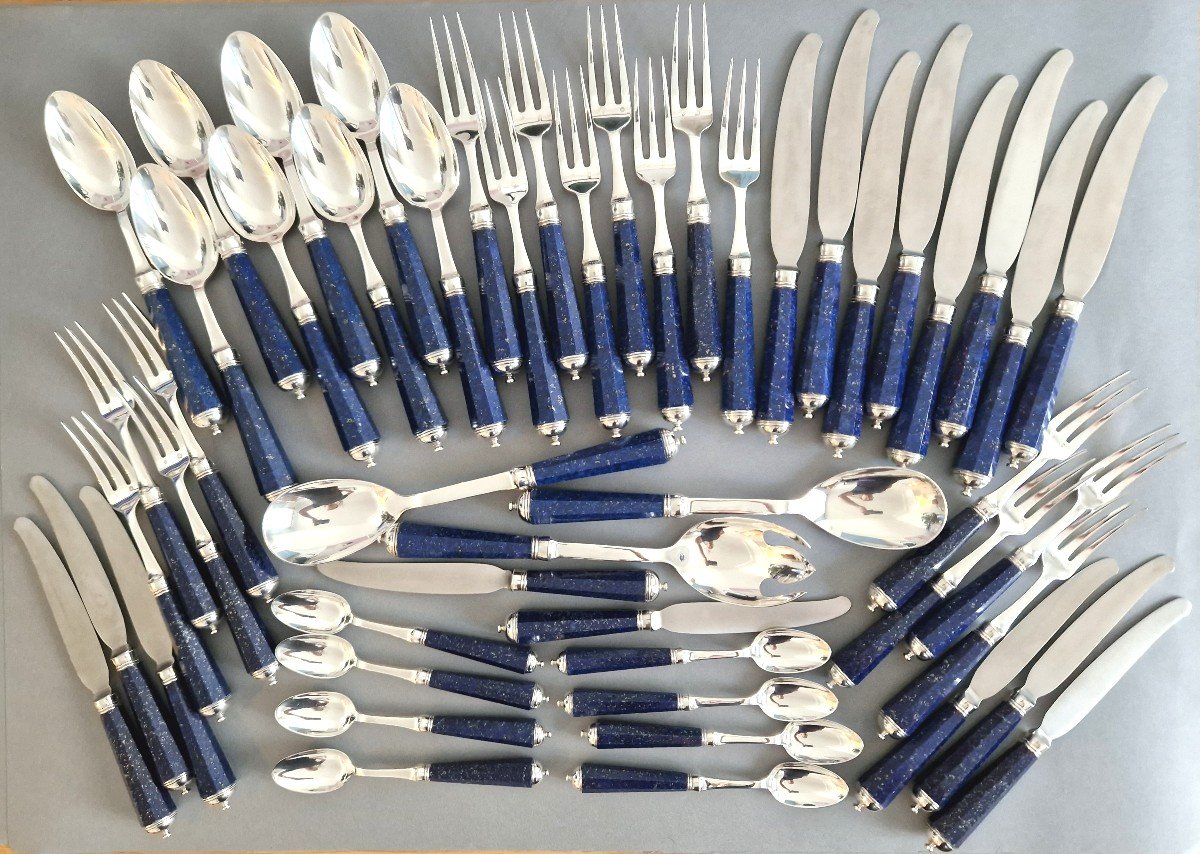 Peter Paris - Cutlery Flatware Set Of 51 Pieces In Sterling Silver And Lapis Lazuli