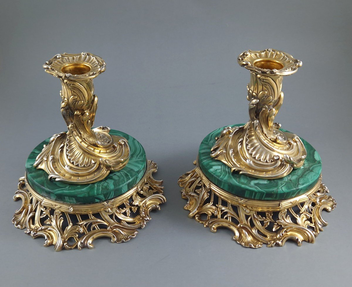 Pair Of Sterling Silver Gilt And Malachite Candlesticks-photo-2