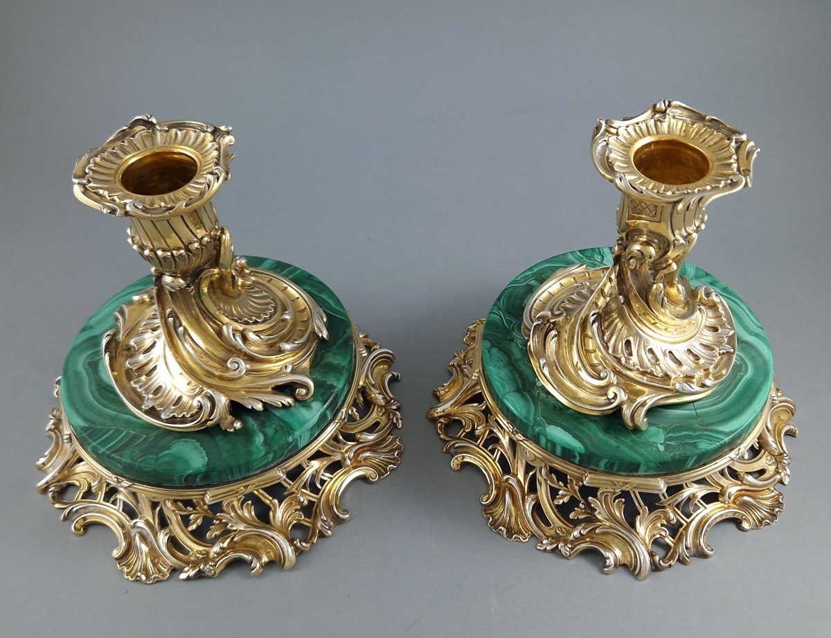 Pair Of Sterling Silver Gilt And Malachite Candlesticks-photo-1