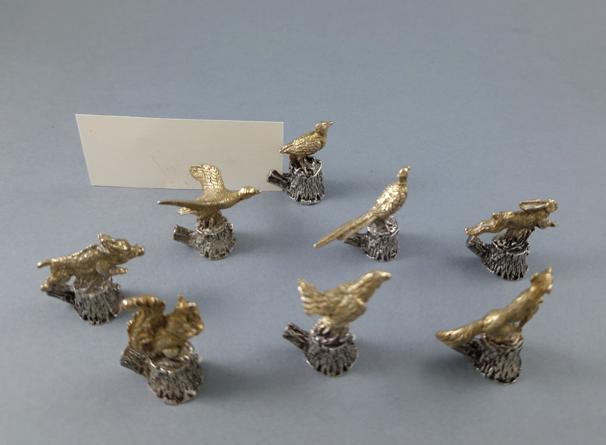 8 Animal Place Card Or Menu Holders In Sterling Silver With Hunting Theme-photo-5