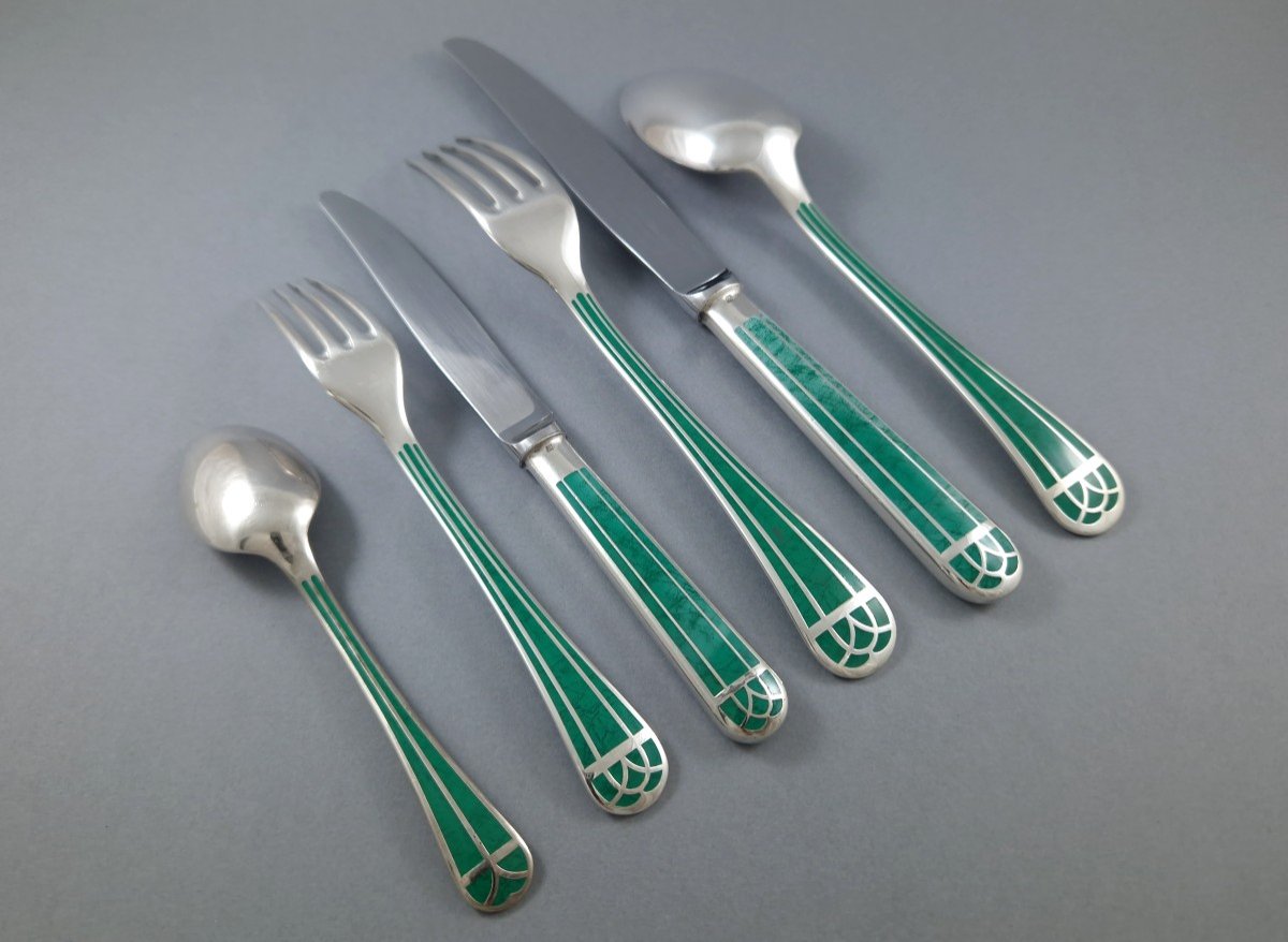 Christofle Talisman - 60-piece Silver-plated Metal And Green Chinese Lacquer Cutlery Set-photo-2