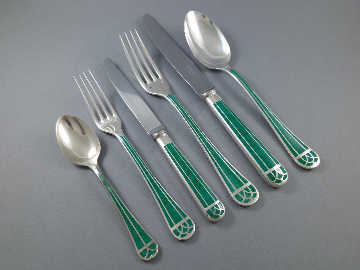 Christofle Talisman - 60-piece Silver-plated Metal And Green Chinese Lacquer Cutlery Set