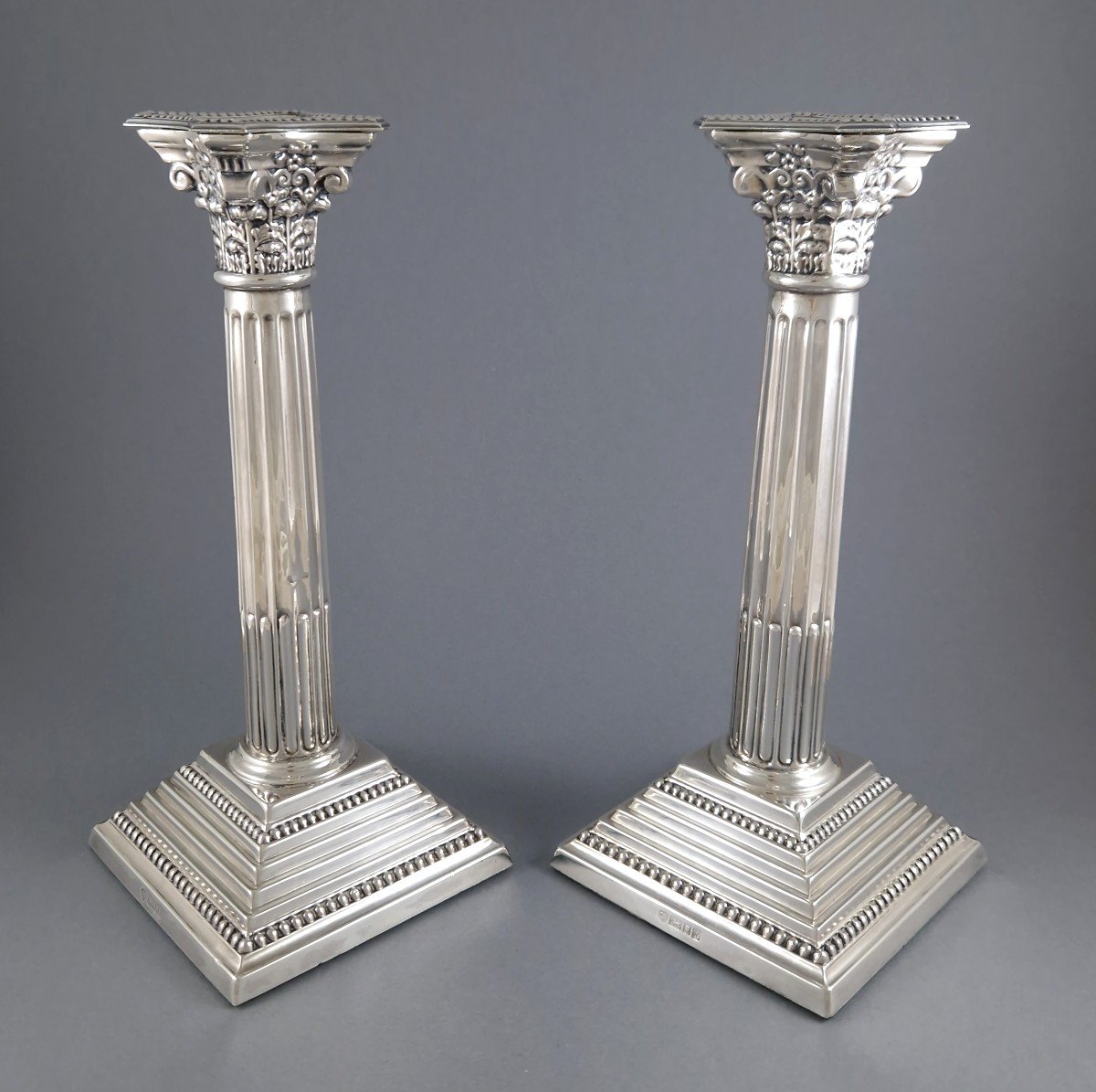 Pair Of Sterling Silver Column Candlesticks-photo-2