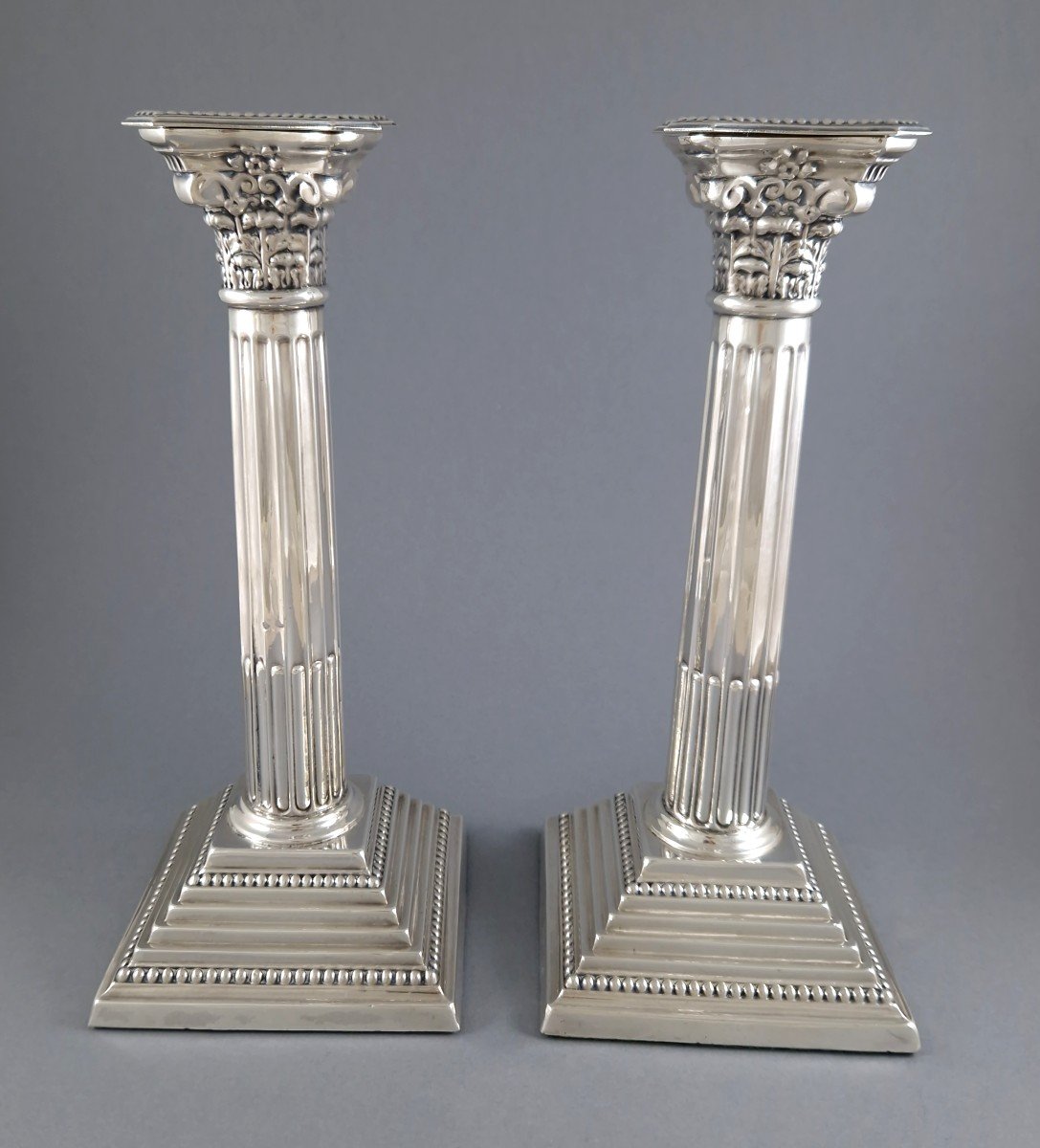 Pair Of Sterling Silver Column Candlesticks-photo-3