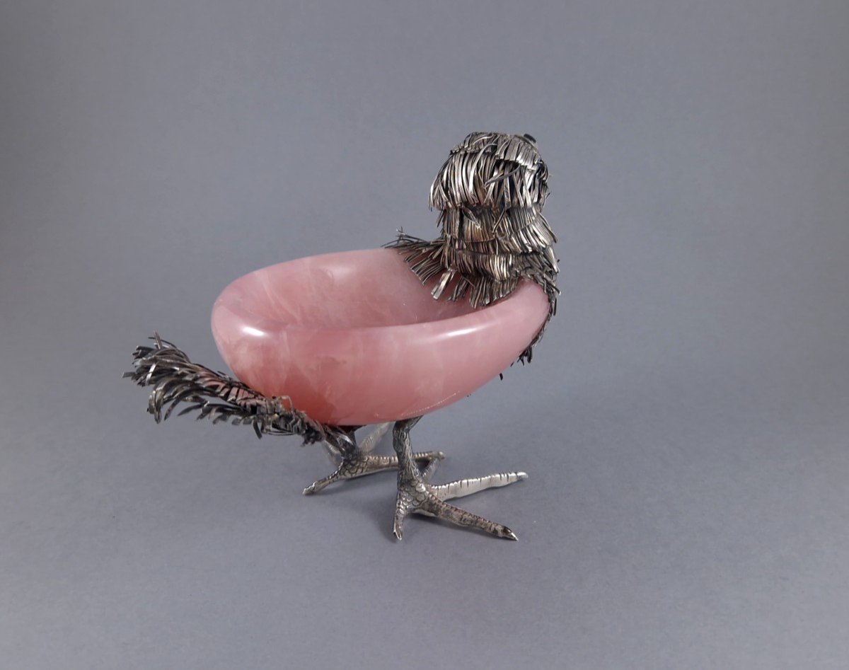 Vide poche oiseau en quartz rose et argent massif-photo-3