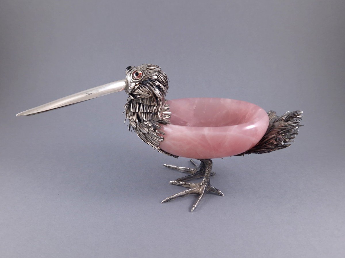 Vide poche oiseau en quartz rose et argent massif-photo-4