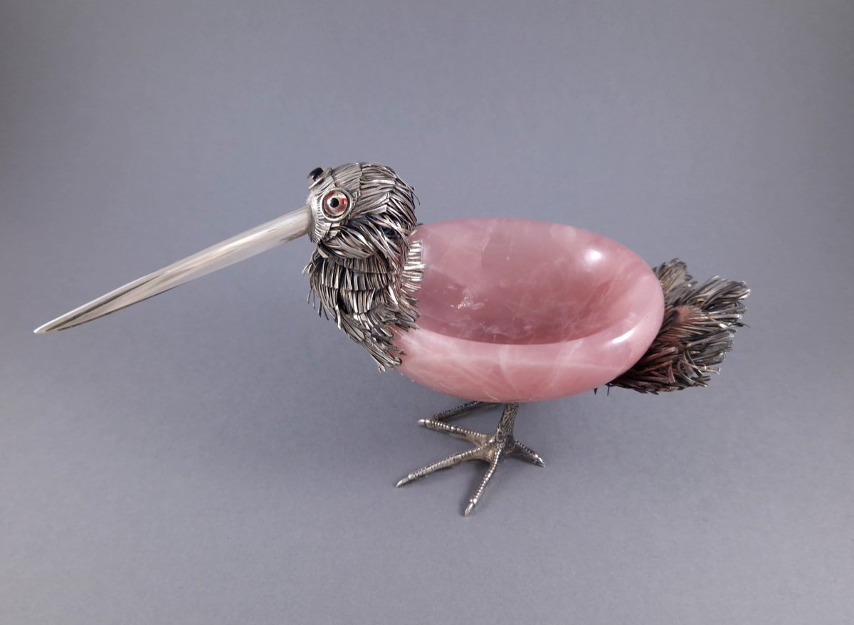 Vide poche oiseau en quartz rose et argent massif-photo-1