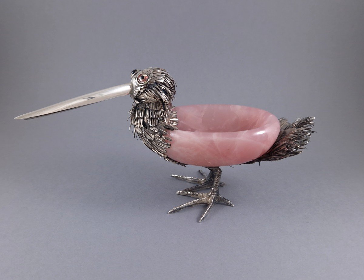 Vide poche oiseau en quartz rose et argent massif-photo-2