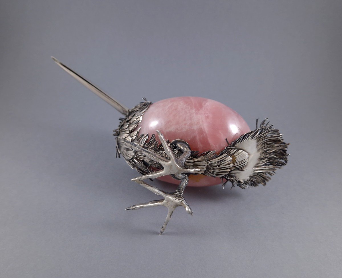 Vide poche oiseau en quartz rose et argent massif-photo-4