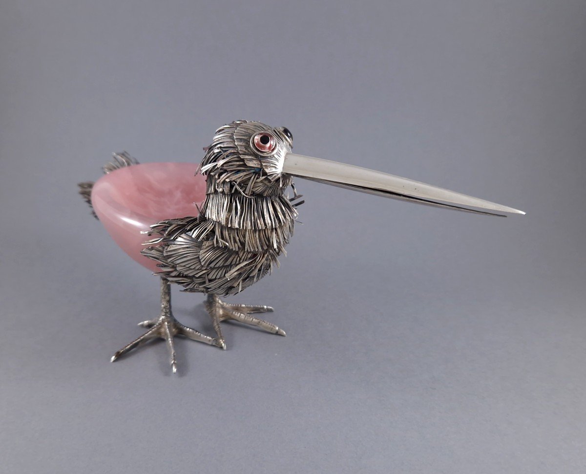 Vide poche oiseau en quartz rose et argent massif