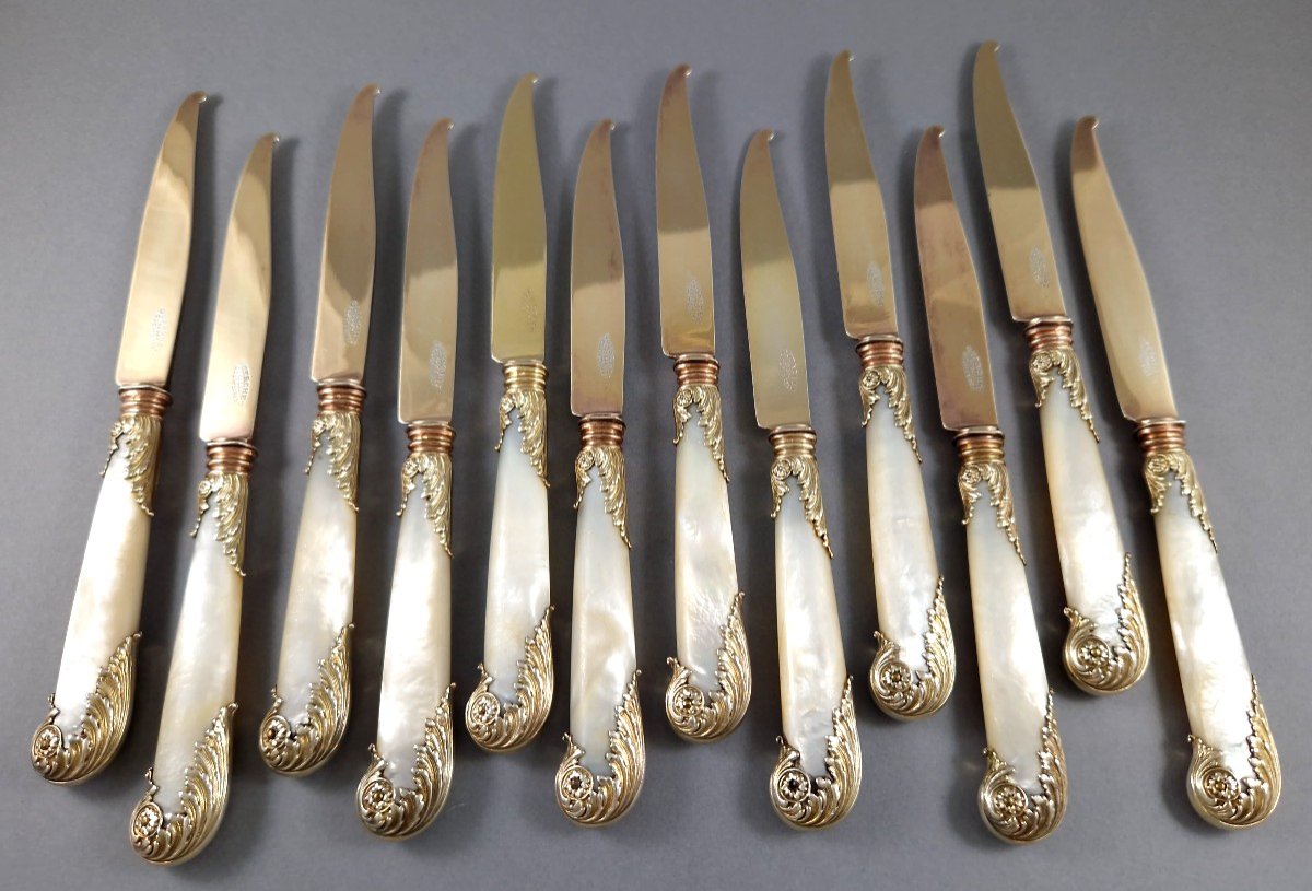 Puiforcat - 12 Sterling Silver-gilt And Mother-of-pearl Knives-photo-2