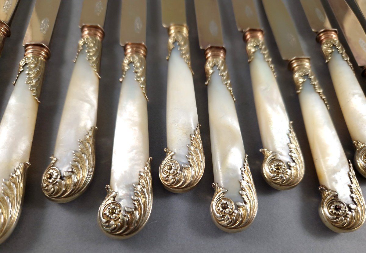 Puiforcat - 12 Sterling Silver-gilt And Mother-of-pearl Knives-photo-3