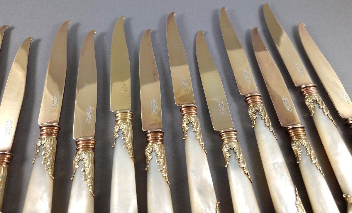 Puiforcat - 12 Sterling Silver-gilt And Mother-of-pearl Knives-photo-4