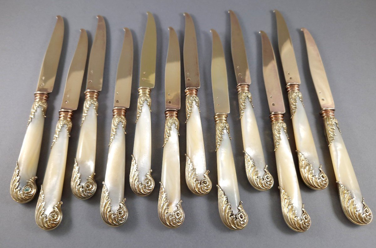 Puiforcat - 12 Sterling Silver-gilt And Mother-of-pearl Knives-photo-1