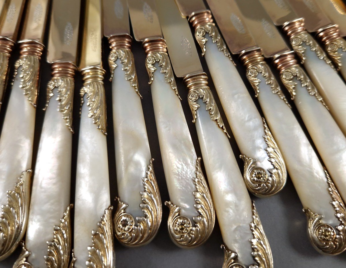 Puiforcat - 12 Sterling Silver-gilt And Mother-of-pearl Knives