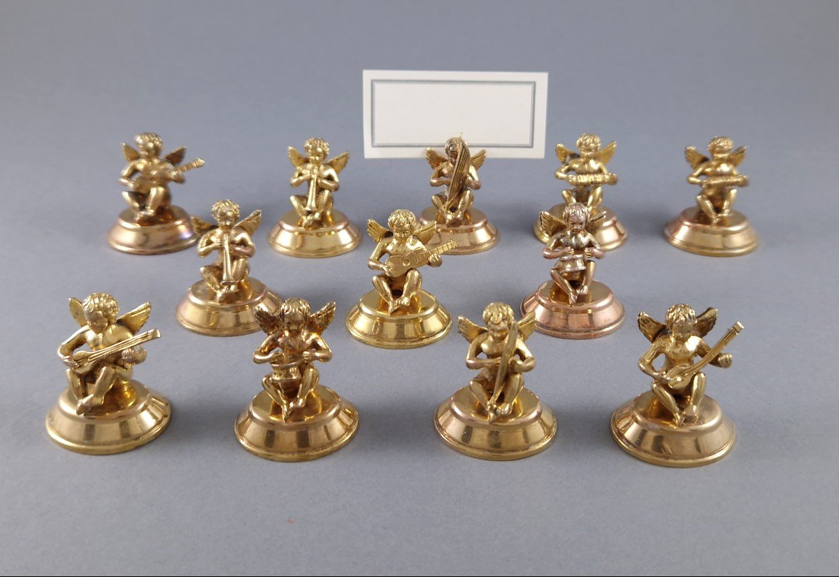 12 Sterling Silver Gilt Place Card Holders Cherubs-photo-1