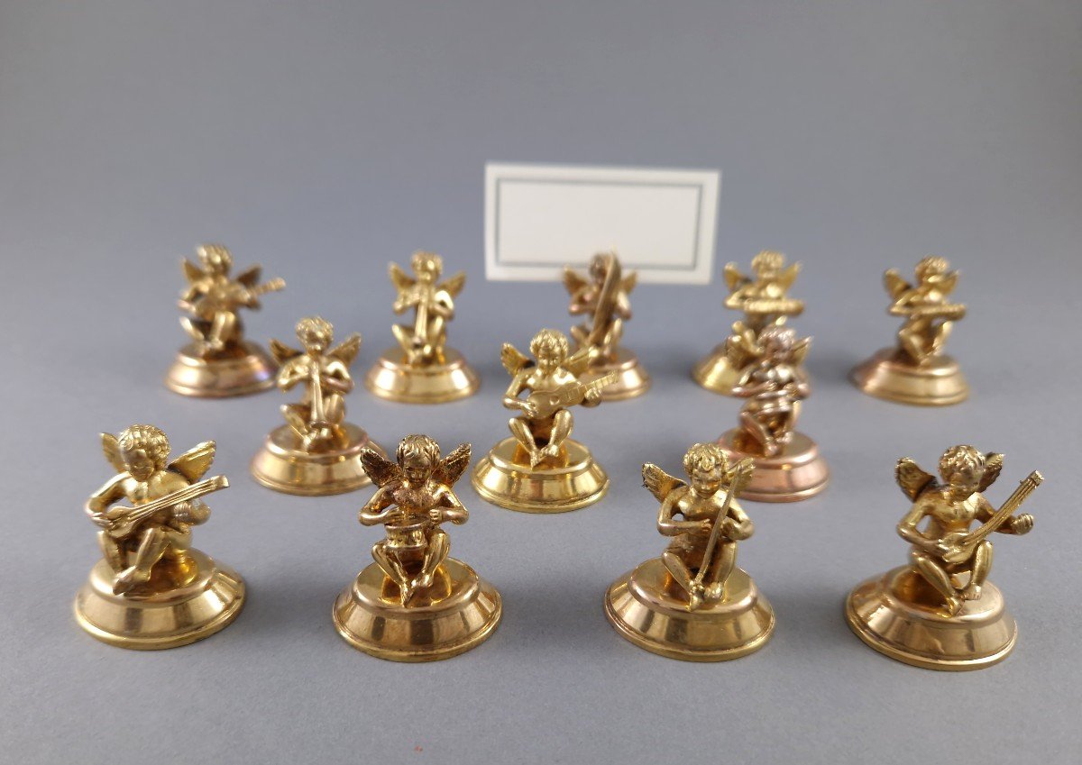 12 Sterling Silver Gilt Place Card Holders Cherubs-photo-2