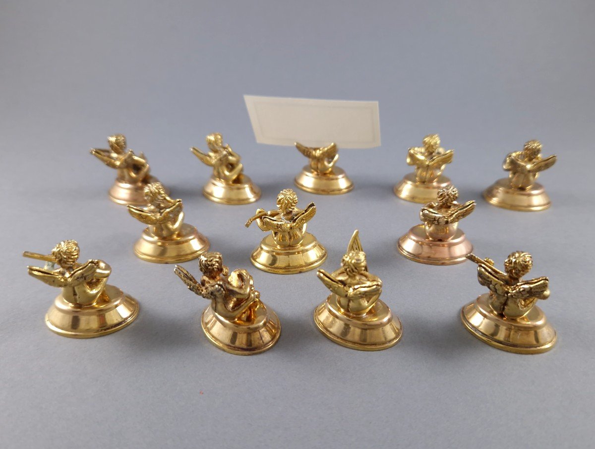 12 Sterling Silver Gilt Place Card Holders Cherubs-photo-4