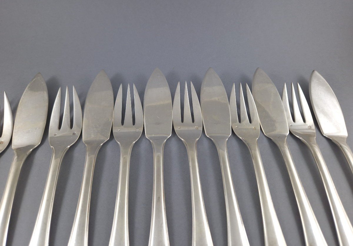 Puiforcat 6 Sterling Silver Fish Forks And Knifes Set, Mazarin Model-photo-3