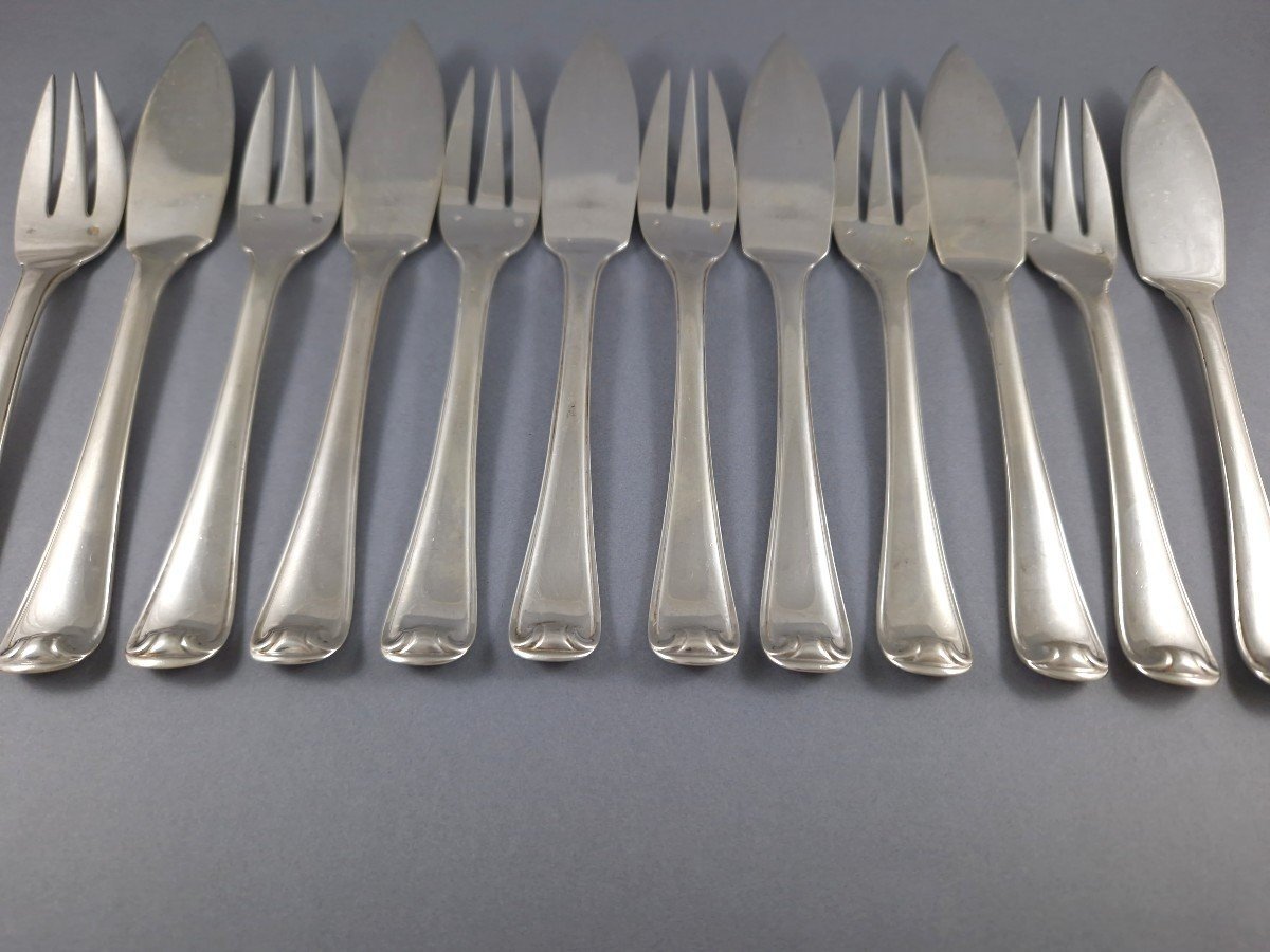 Puiforcat 6 Sterling Silver Fish Forks And Knifes Set, Mazarin Model-photo-4