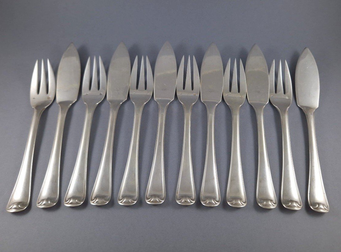 Puiforcat 6 Sterling Silver Fish Forks And Knifes Set, Mazarin Model